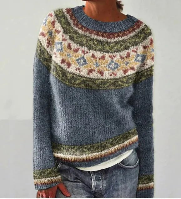 Aria | Women's Retro Striped Relaxed-Fit Knit Sweater Grey/Stars