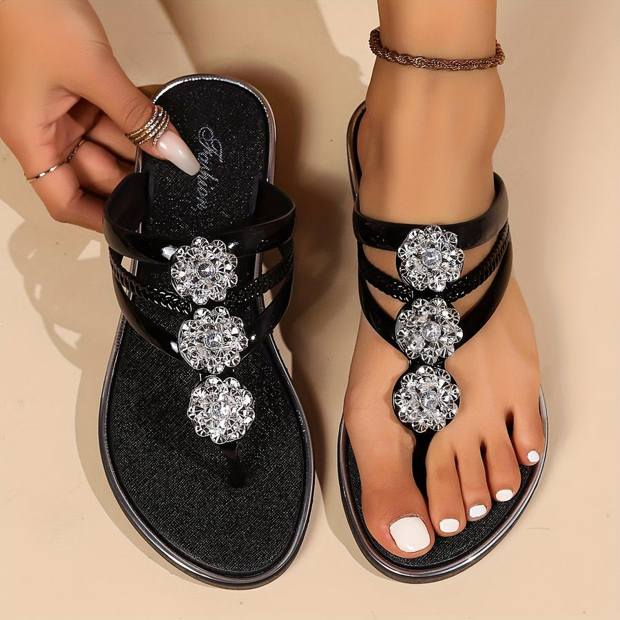 Harper | Women's Rhinestone T-Strap Flat Sandals Slip-On Black
