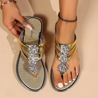 Harper | Women's Rhinestone T-Strap Flat Sandals Slip-On Gold