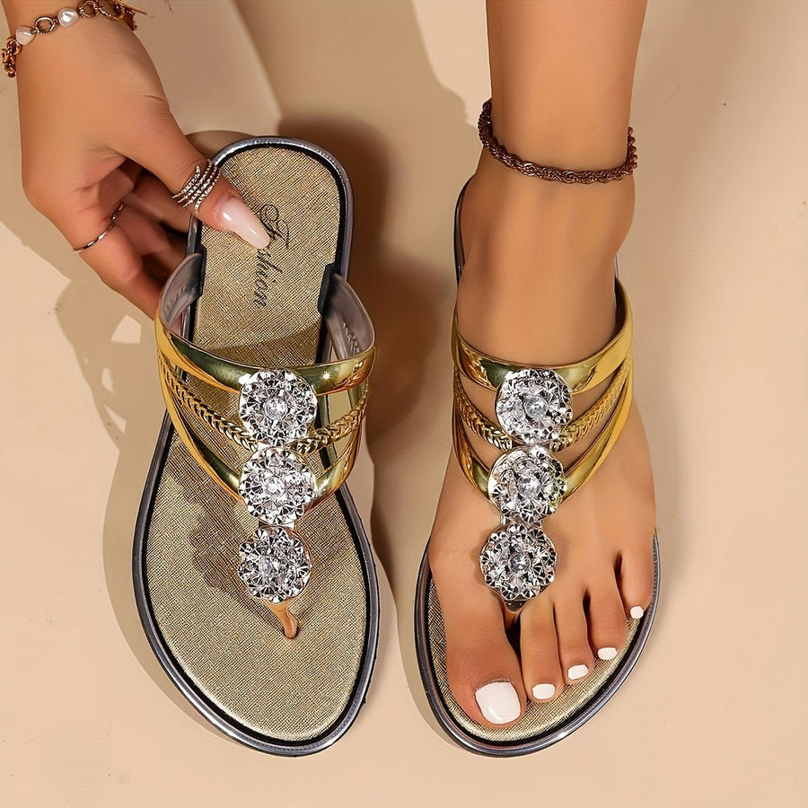 Harper | Women's Rhinestone T-Strap Flat Sandals Slip-On Gold