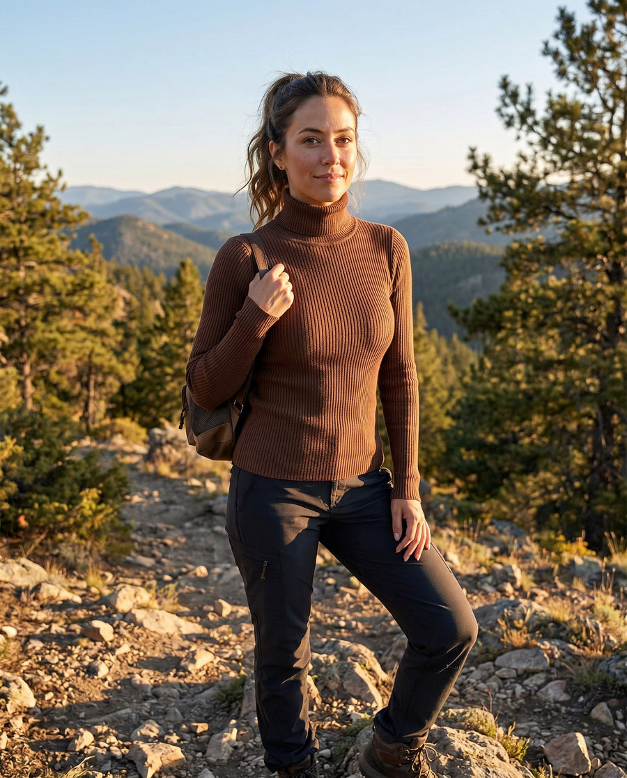 Scarlett | Women's Ribbed Turtleneck Lightweight Knit Sweater Dark Brown