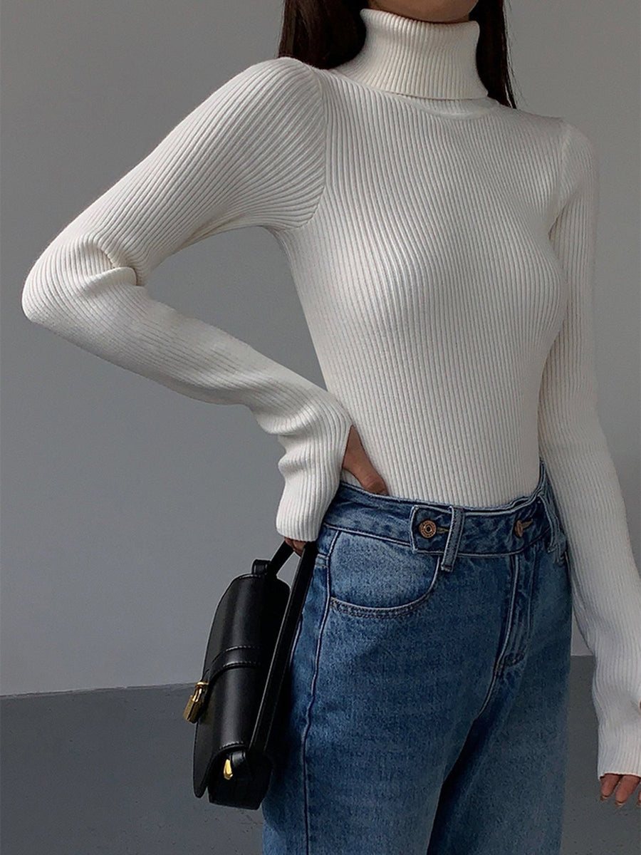 Scarlett | Women's Ribbed Turtleneck Lightweight Knit Sweater White