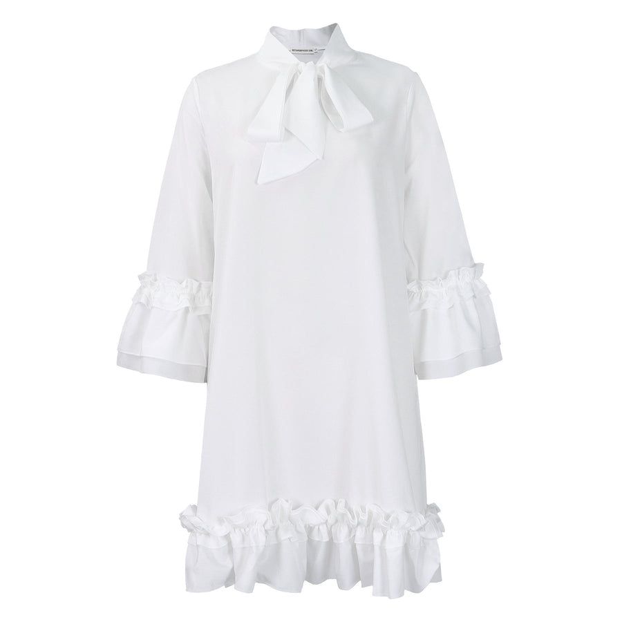 Madison | Women's Ruffle-Hem Bow-Neck Tunic Mini Dress White