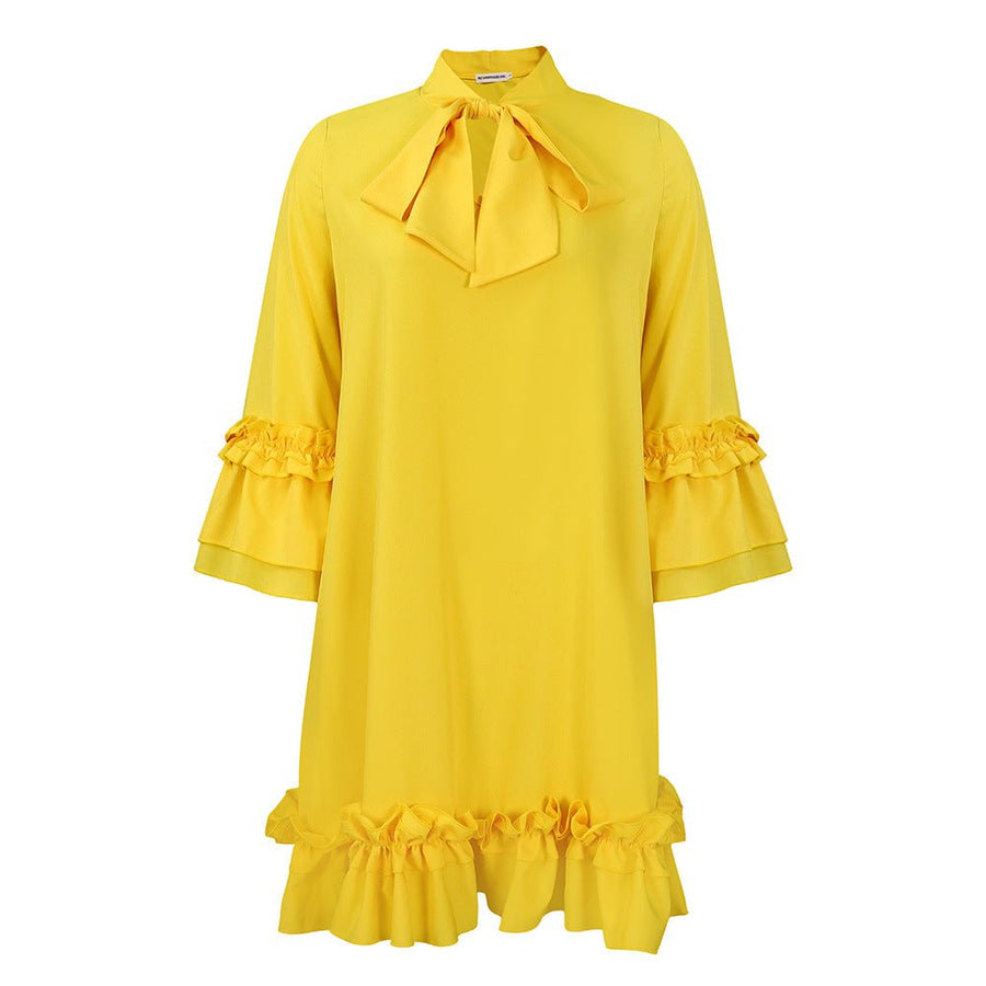 Madison | Women's Ruffle-Hem Bow-Neck Tunic Mini Dress Yellow