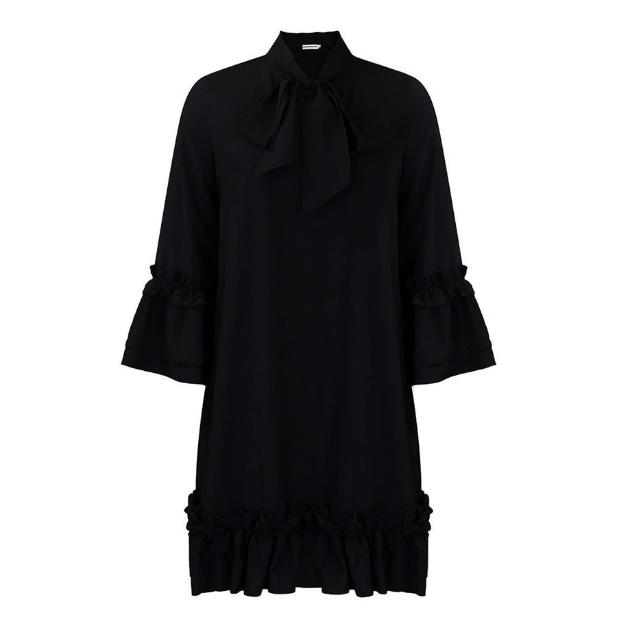 Madison | Women's Ruffle-Hem Bow-Neck Tunic Mini Dress Black