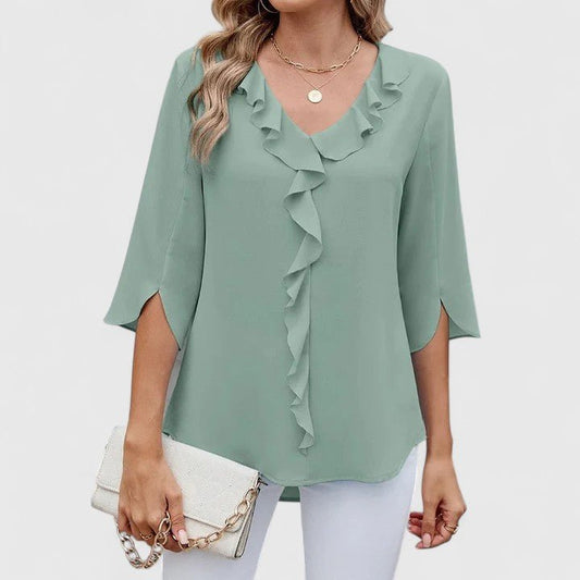 Charlotte | Women's Ruffle V-Neck Half-Sleeve Chiffon Blouse Green