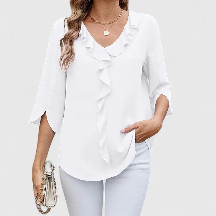 Charlotte | Women's Ruffle V-Neck Half-Sleeve Chiffon Blouse White