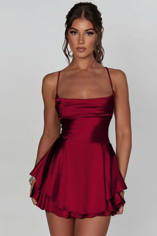 Luna | Women's Satin Square-Neck Ruffle-Skirt Mini Cocktail Dress Brick Red