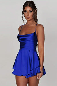 Luna | Women's Satin Square-Neck Ruffle-Skirt Mini Cocktail Dress Royal Blue