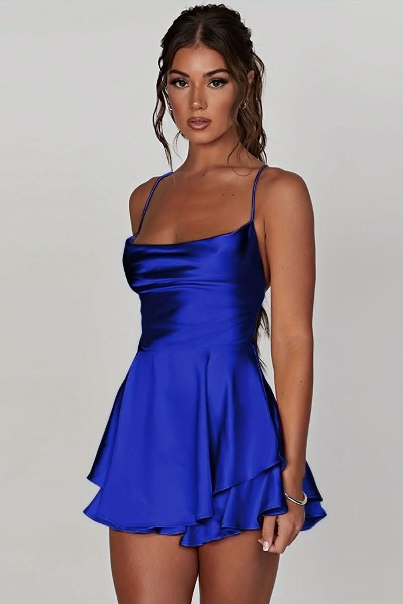 Luna | Women's Satin Square-Neck Ruffle-Skirt Mini Cocktail Dress Royal Blue