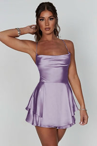 Luna | Women's Satin Square-Neck Ruffle-Skirt Mini Cocktail Dress Lavender