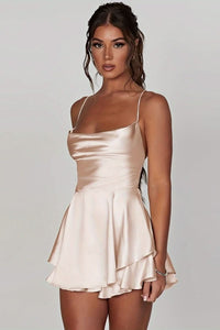 Luna | Women's Satin Square-Neck Ruffle-Skirt Mini Cocktail Dress Milky