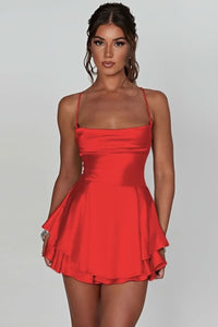 Luna | Women's Satin Square-Neck Ruffle-Skirt Mini Cocktail Dress Red