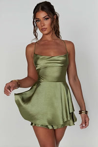 Luna | Women's Satin Square-Neck Ruffle-Skirt Mini Cocktail Dress Matcha