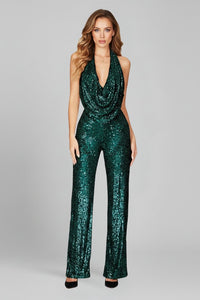 Sophia | Women's Sequin Halter Cowl-Neck Wide Leg Pants Jumpsuit Green