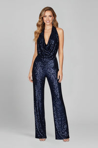 Sophia | Women's Sequin Halter Cowl-Neck Wide Leg Pants Jumpsuit Navy Blue