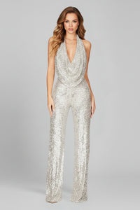 Sophia | Women's Sequin Halter Cowl-Neck Wide Leg Pants Jumpsuit Silver