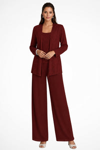 Luna | Women's Sequined Three-Piece Wide Leg Pants Suit Long Sleeve Burgundy