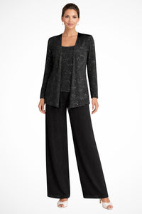 Luna | Women's Sequined Three-Piece Wide Leg Pants Suit Long Sleeve Black