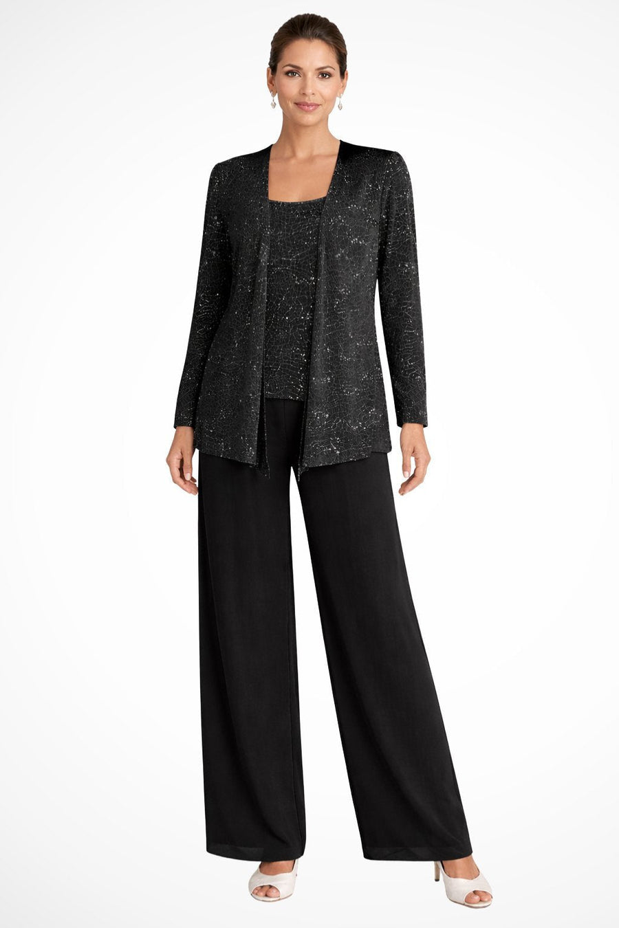 Luna | Women's Sequined Three-Piece Wide Leg Pants Suit Long Sleeve Black