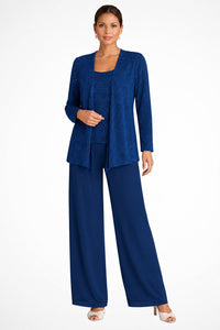 Luna | Women's Sequined Three-Piece Wide Leg Pants Suit Long Sleeve Navy Blue