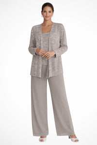 Luna | Women's Sequined Three-Piece Wide Leg Pants Suit Long Sleeve Beige
