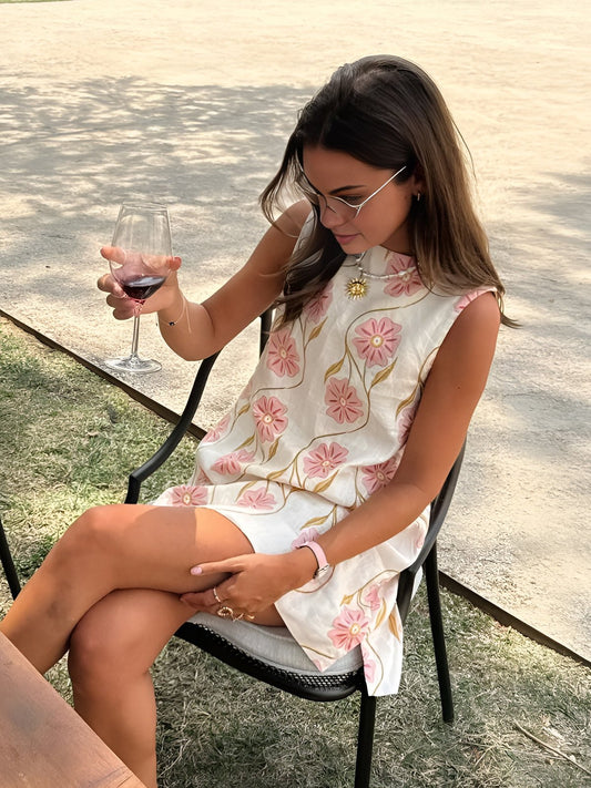 Victoria | Women's Sleeveless A-Line Floral Linen Blouse Dress White