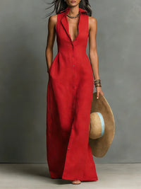 Penelope | Women's Sleeveless Collared Linen Button-Front Maxi Dress Red