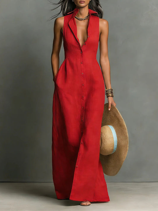 Penelope | Women's Sleeveless Collared Linen Button-Front Maxi Dress Red