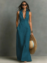 Penelope | Women's Sleeveless Collared Linen Button-Front Maxi Dress Teal Blue
