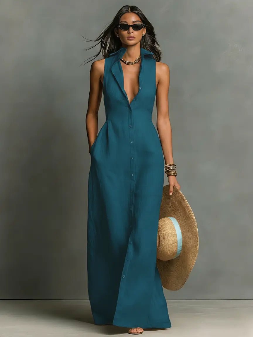 Penelope | Women's Sleeveless Collared Linen Button-Front Maxi Dress Teal Blue