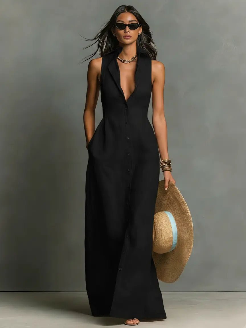 Penelope | Women's Sleeveless Collared Linen Button-Front Maxi Dress Black