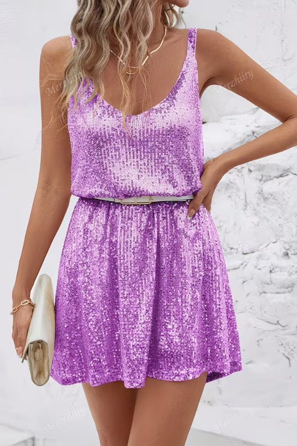 Camila | Women's Sleeveless Sequin Mini Evening Gown Cocktail Dress Purple