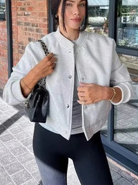 Abigail | Women's Cropped Button Front Bomber Jacket Beige
