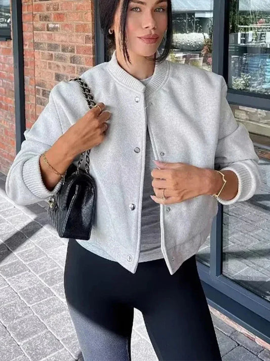 Abigail | Women's Cropped Button Front Bomber Jacket Beige