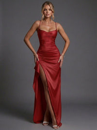 Isabella | Women's Spaghetti Strap Ruched Bodycon Maxi Dress Red