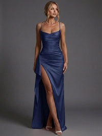 Isabella | Women's Spaghetti Strap Ruched Bodycon Maxi Dress Dark Blue