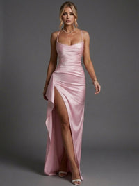 Isabella | Women's Spaghetti Strap Ruched Bodycon Maxi Dress Pink