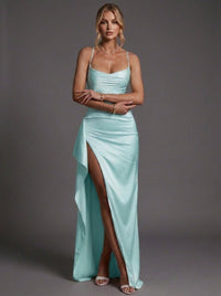 Isabella | Women's Spaghetti Strap Ruched Bodycon Maxi Dress Mint Blue