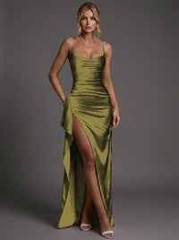 Isabella | Women's Spaghetti Strap Ruched Bodycon Maxi Dress Olive Green