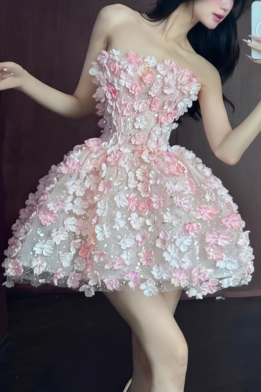 Olivia | Women's Strapless 3D Floral Embellished Mini Cocktail Dress S