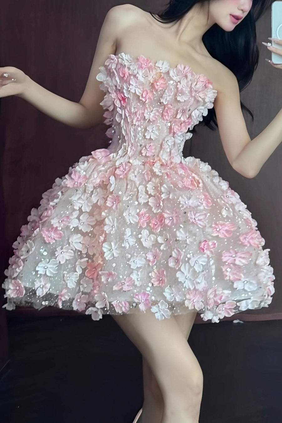 Olivia | Women's Strapless 3D Floral Embellished Mini Cocktail Dress S