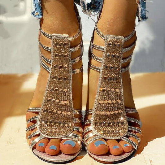 Harper | Women's Strappy Rhinestone Block Heel Comfortable Sandals Gold