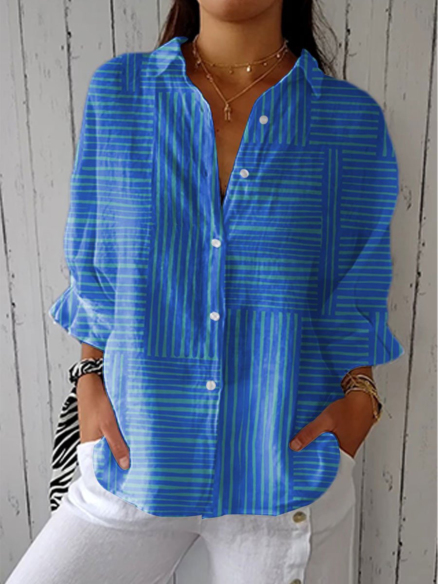 Charlotte | Women's Striped Button Front Blouse V-Neck Relaxed Fit Blue