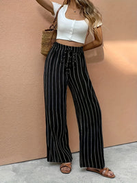 Mia | Women's Striped High-Waist Drawstring Wide Leg Pants Black