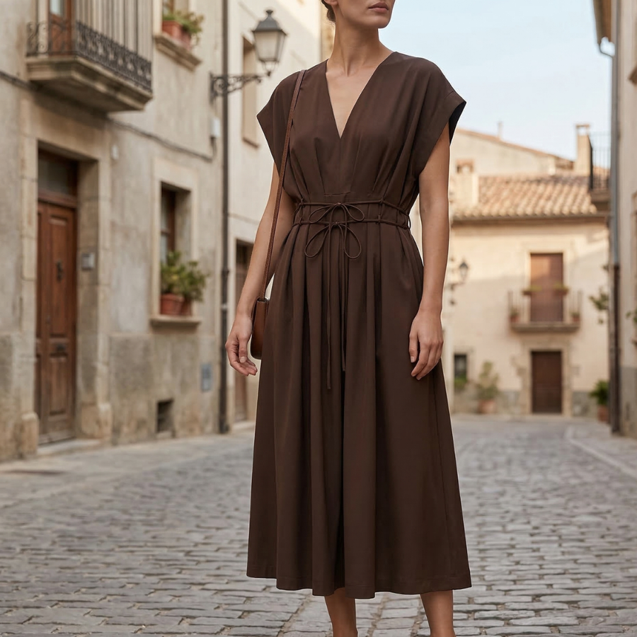 Kaia V Neck Midi Dress Brown
