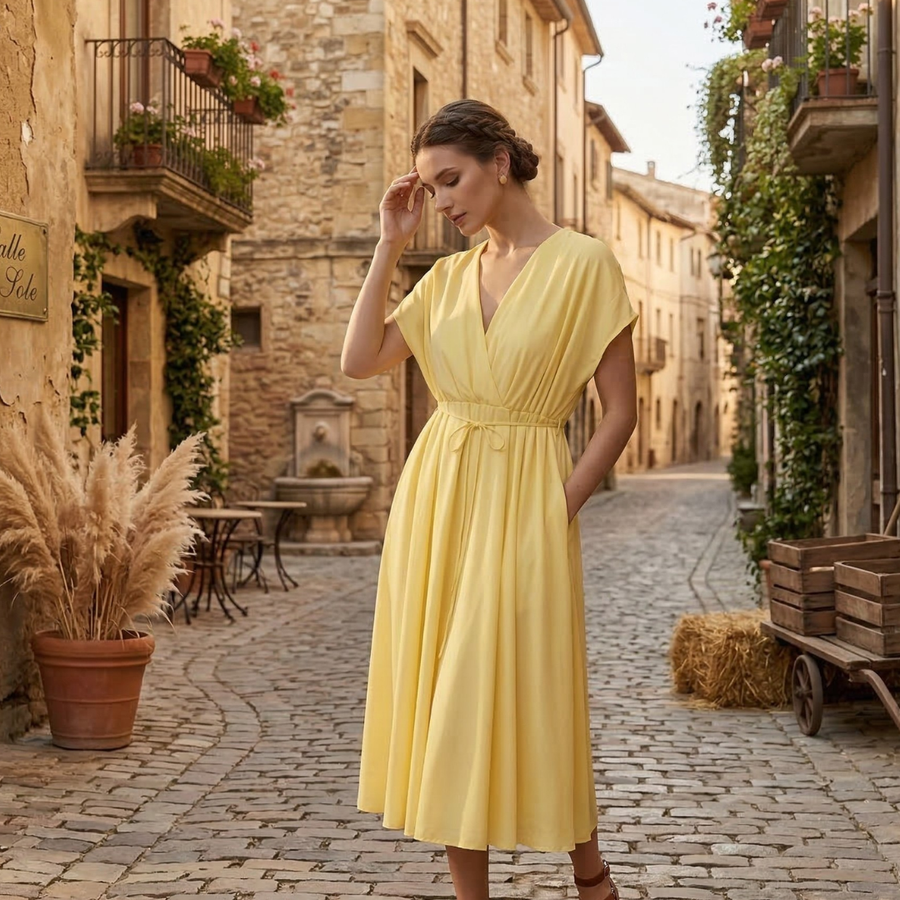 Kaia V Neck Midi Dress Yellow