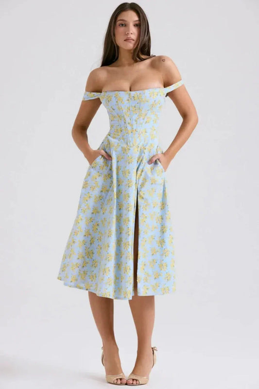 Imogen Off Shoulder Midi Dress Light Blue