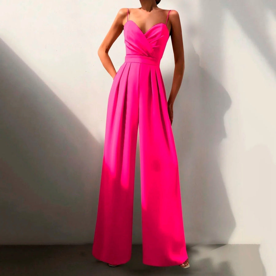 Luna | Women's Sweetheart Neck Spaghetti Strap Wide Leg Pants Jumpsuit Pink
