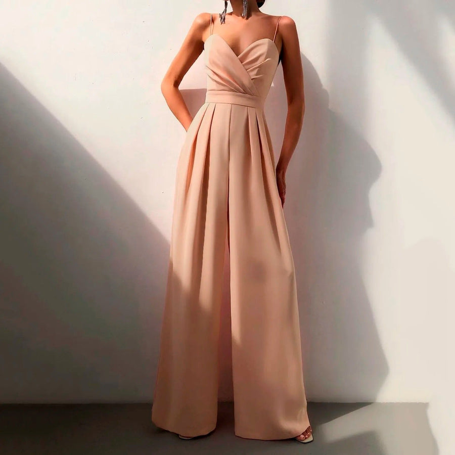 Luna | Women's Sweetheart Neck Spaghetti Strap Wide Leg Pants Jumpsuit Orange